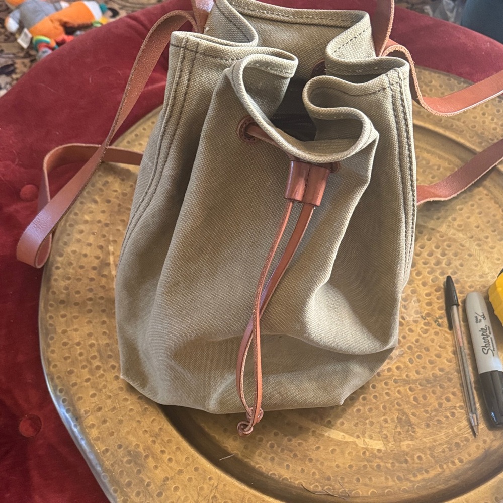 Madewell Olive Canvas Drawstring Backpack with Tan Leather Trim